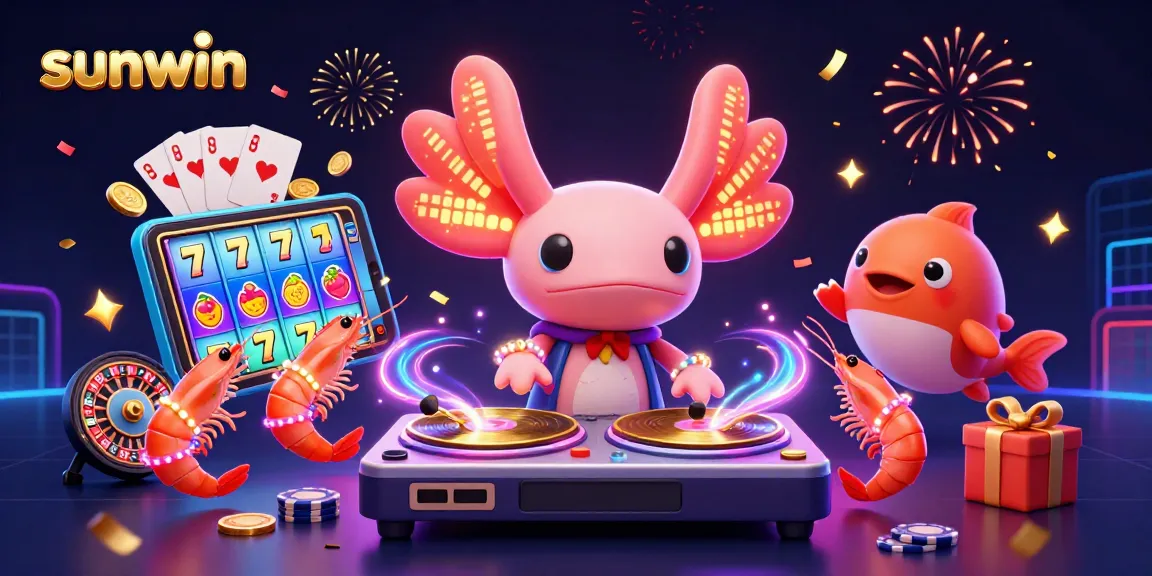 Spin to win with sunwin's vibrant casino scene featuring a DJ axolotl and animated game elements.