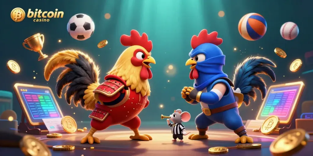 Experience thrilling action at a bitcoin casino with a dramatic standoff of cartoon roosters and dynamic game elements