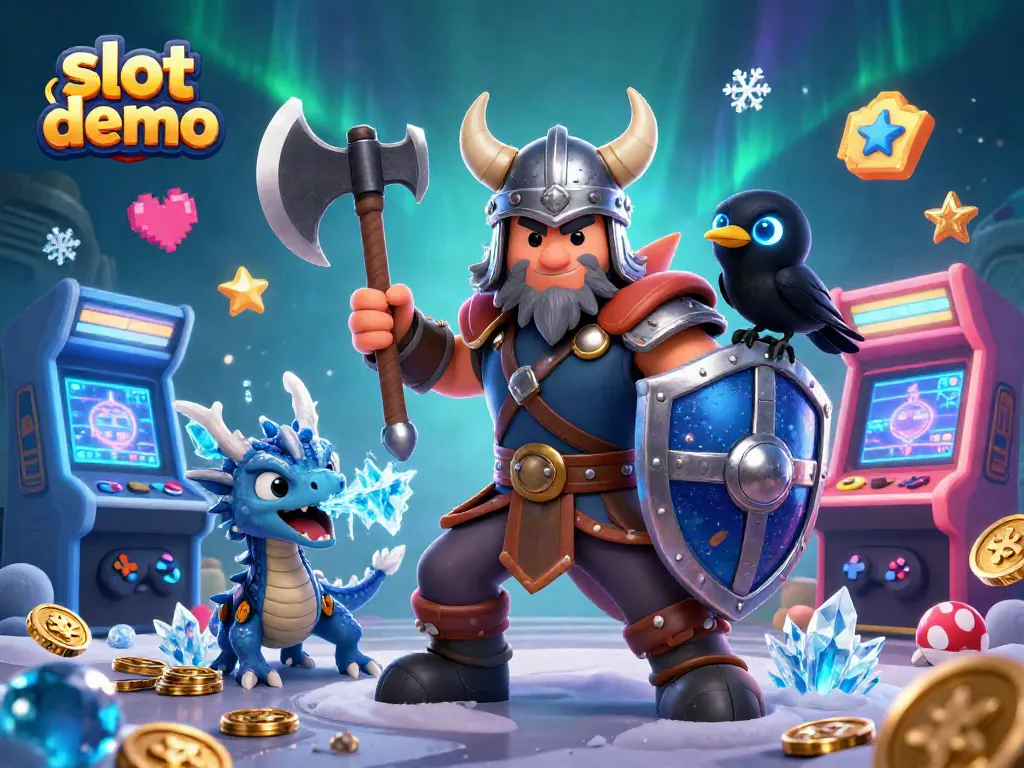 Slot demo menampilkan pejuang Viking dan naga dalam latar belakang kasino yang cerah.
