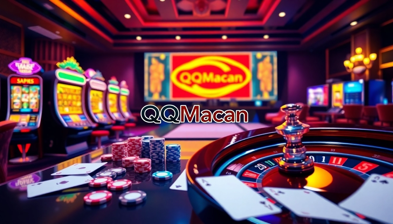Immerse in the QQMacan online gaming experience with vibrant casino elements, luxury setting, and thrilling action.