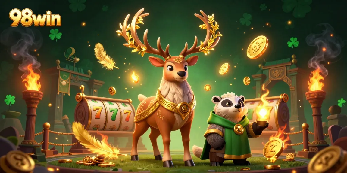 Engage with 98win as you spin slot reels alongside mystical creatures in a vibrant casino scene.