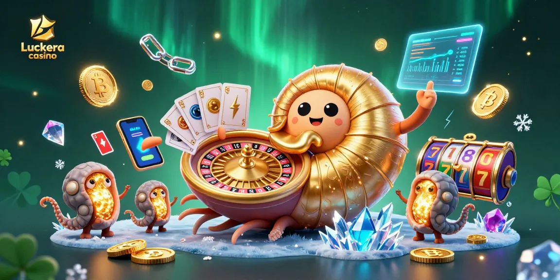 Engage with Luckera casino's vibrant world featuring a 3D nautilus roulette wheel surrounded by Bitcoin and Ethereum coins.