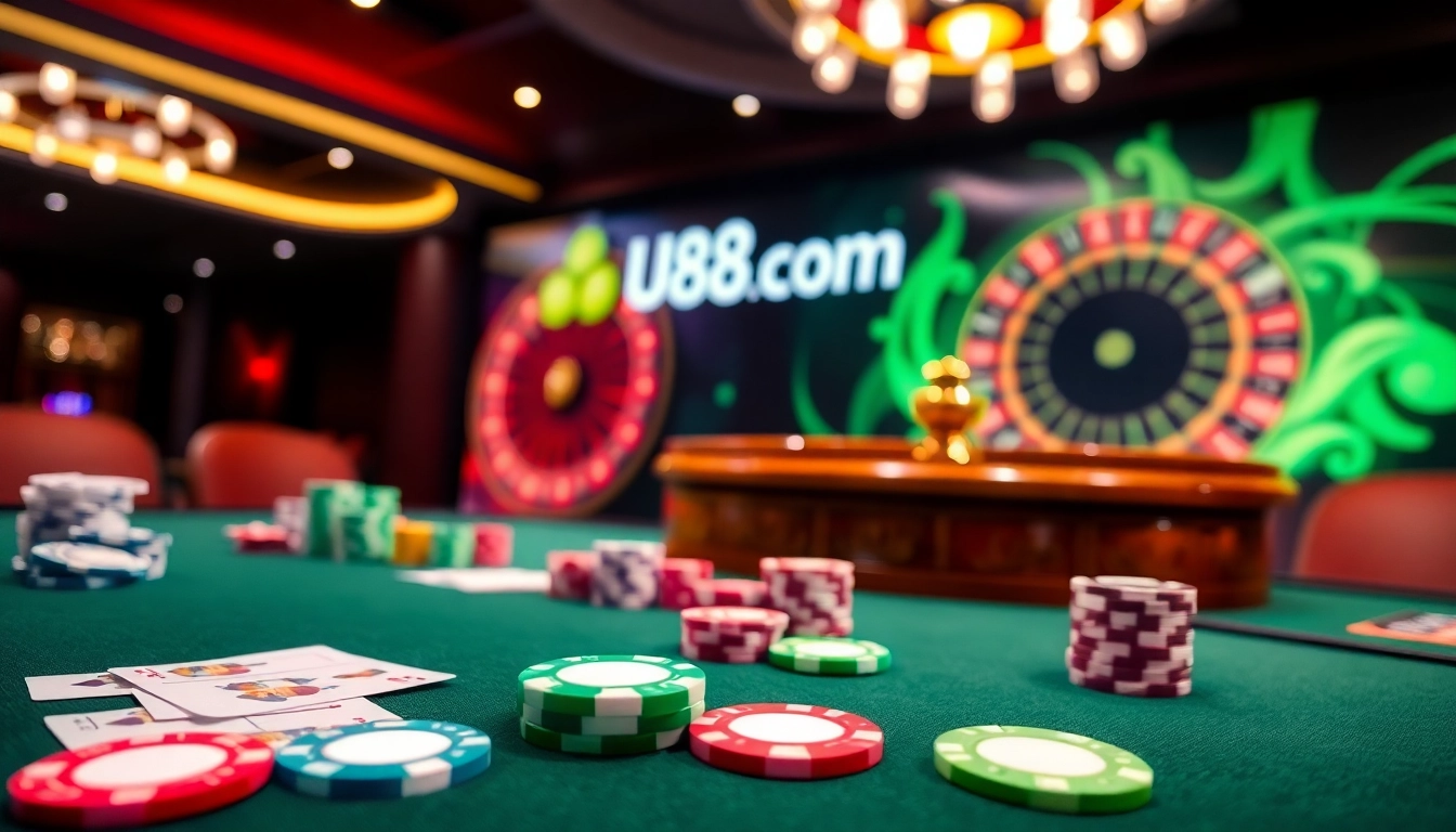 Experience exhilarating games at U888 com with vibrant casino tables and poker chips.
