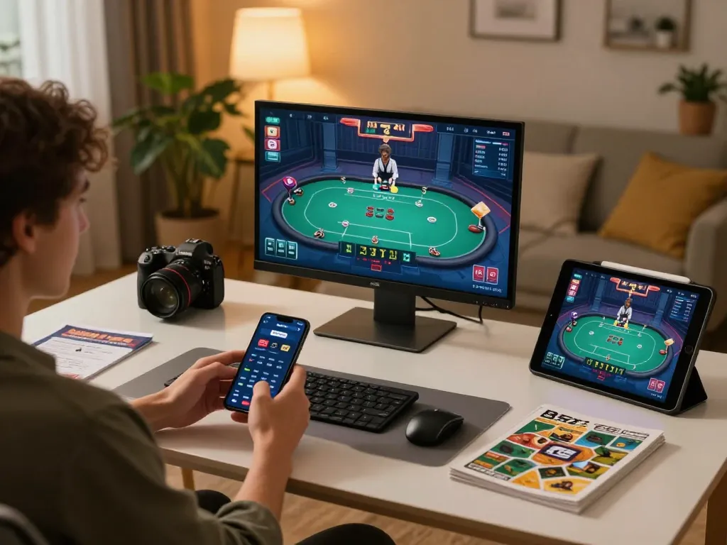Người chơi B52club tham gia với giao diện poker trên di động, trình diễn lối chơi chiến lược trong một thiết lập thoải mái tại nhà