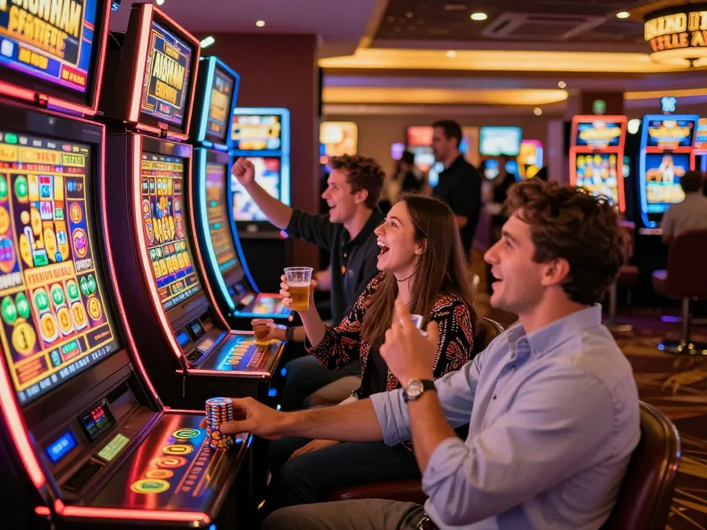 Players celebrating a win at mb88 slot machines, vibrant casino atmosphere with colorful lights.