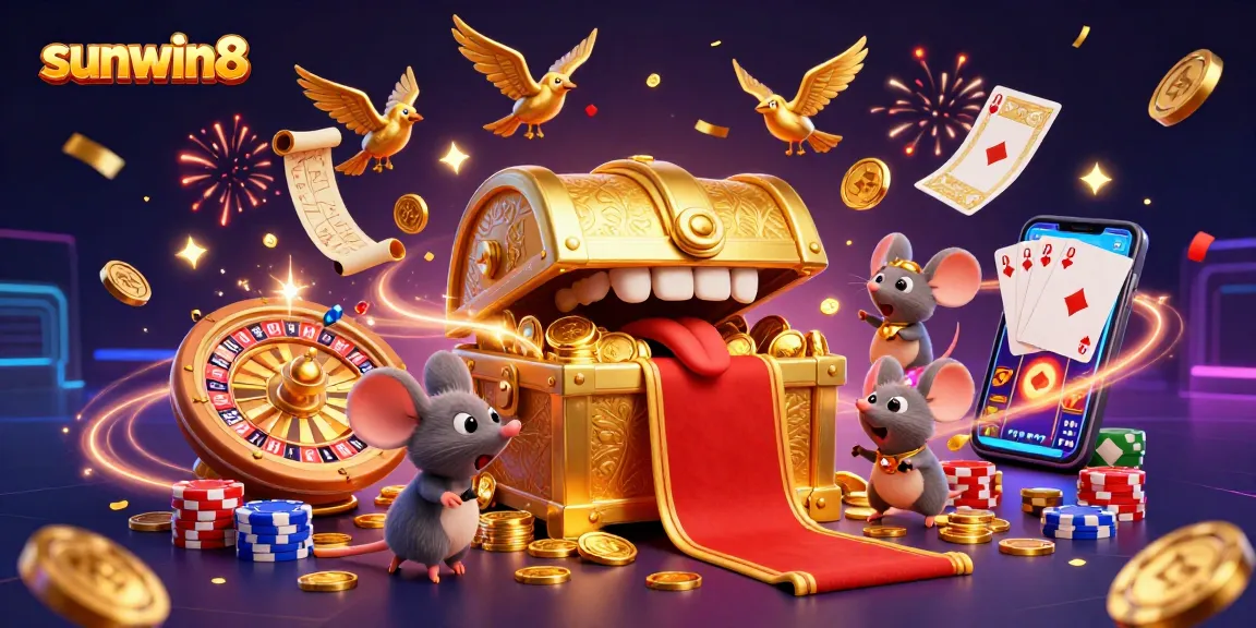 Experience excitement at sunwin8 with vibrant casino games, gold coins, and a dynamic treasure chest scene.