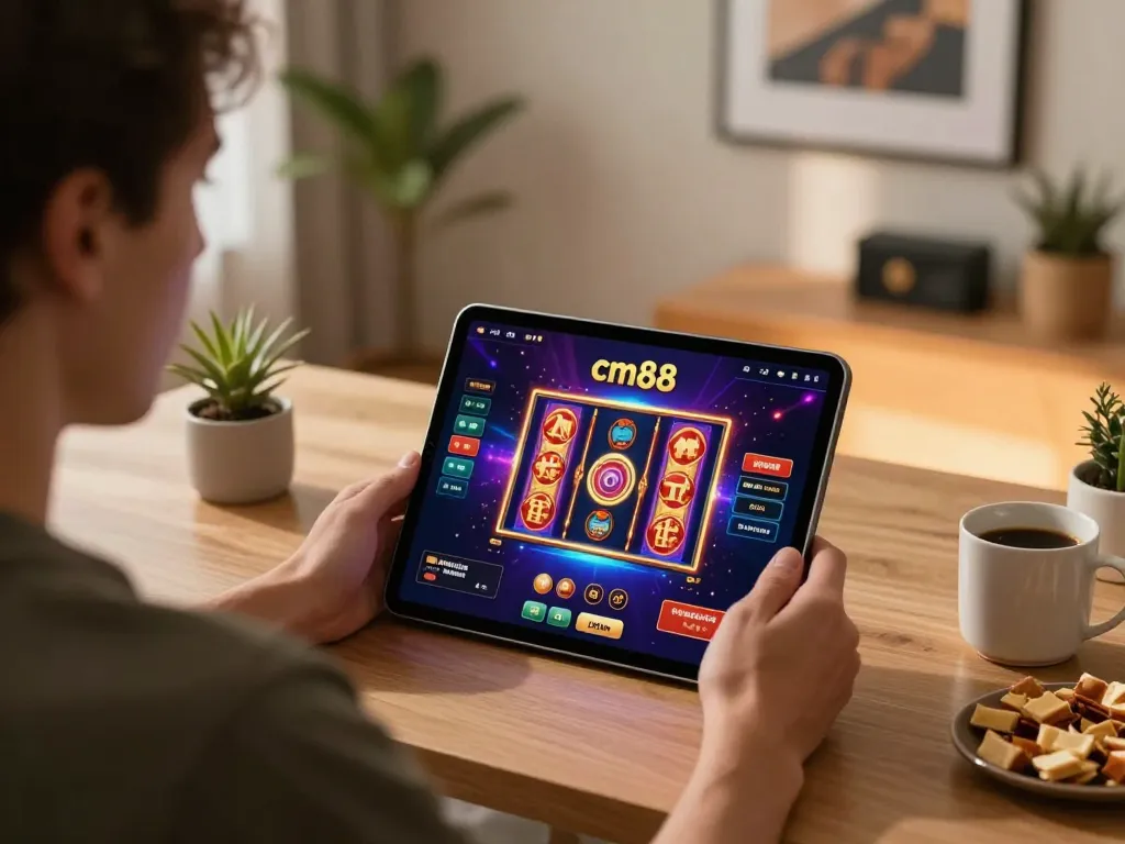 Engaging player using cm88 casino app on tablet in a modern home environment