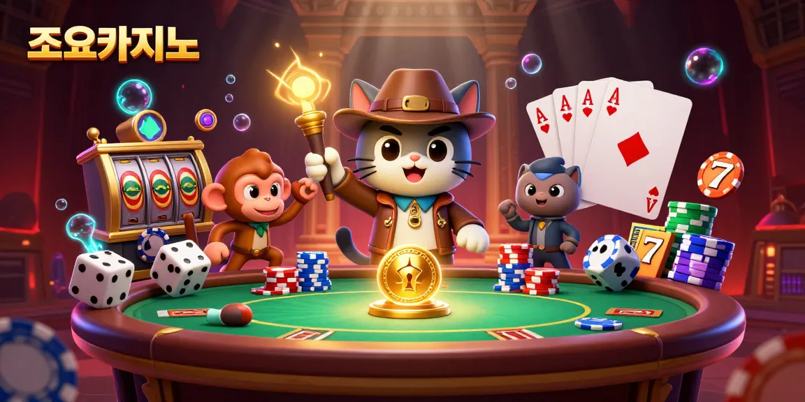 Engage in thrilling gaming at 조이카지노 with 3D explorer cat and monkey in a vibrant casino scene.