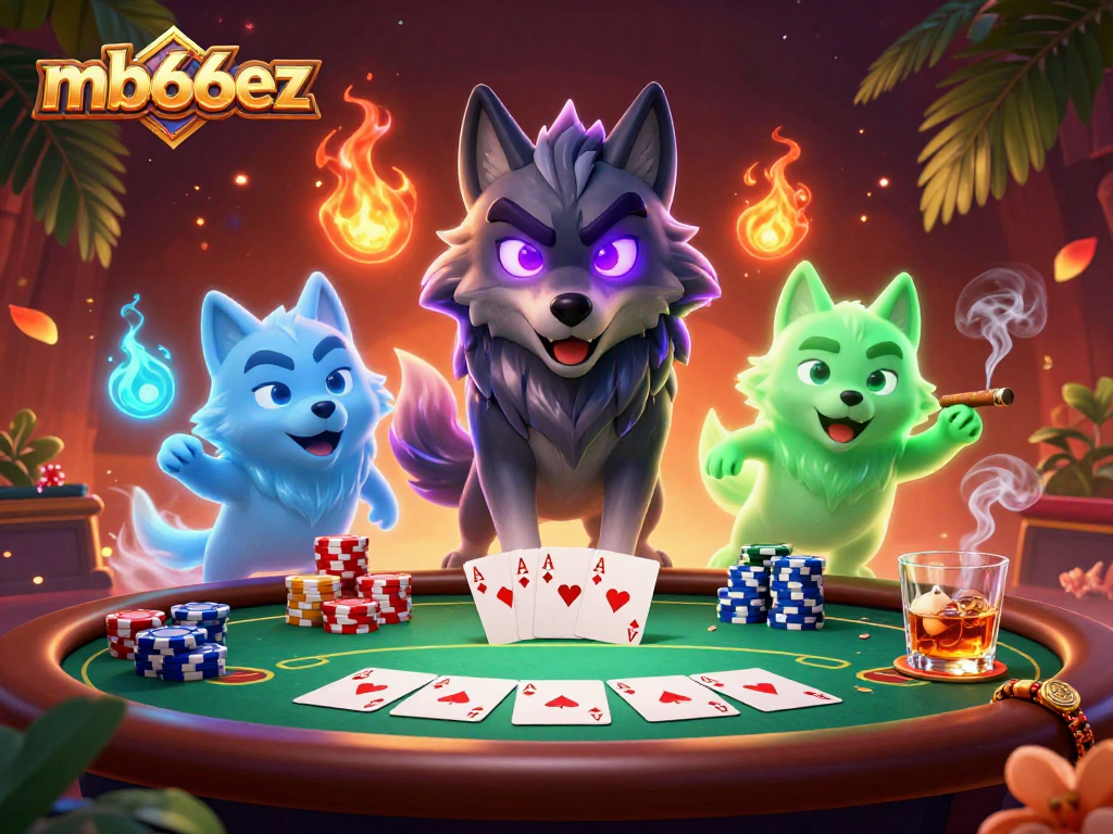 Engage with mb66ez poker action featuring a shadow wolf leader and ghostly companions at a lively poker table.
