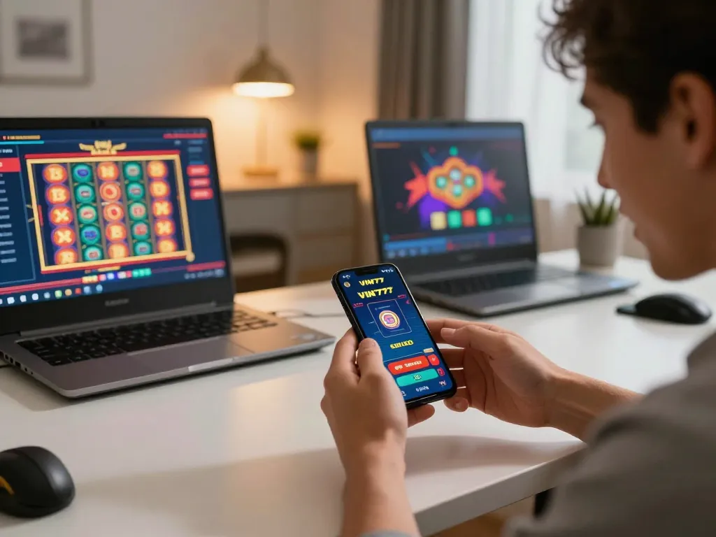 Engaging moment of a player using the VIN777 app for online casino gaming in a cozy home office.