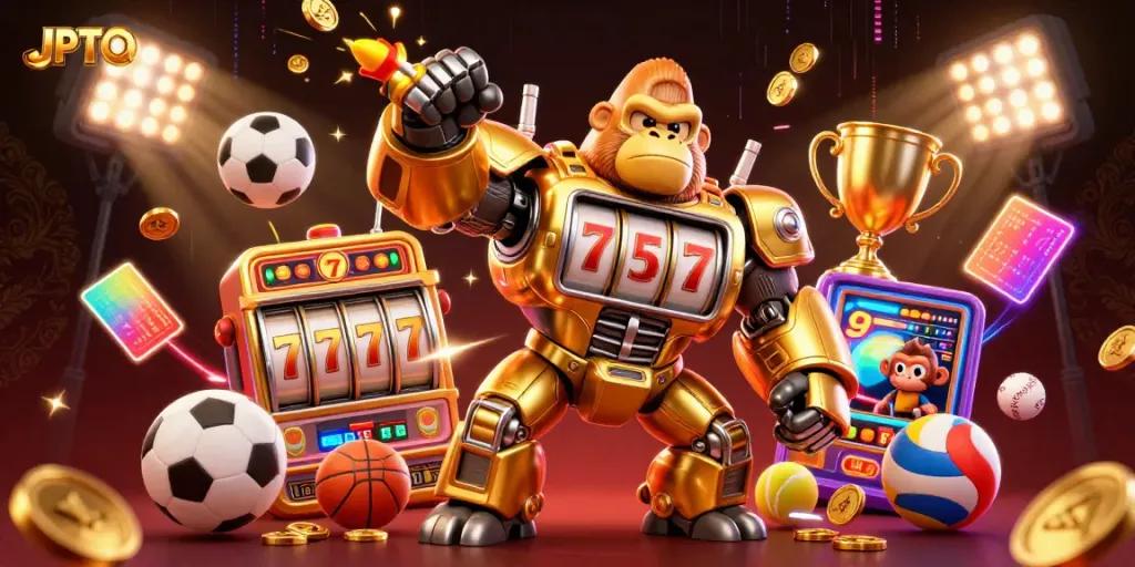 Bermain slot JPTOTO dengan gorila emas dan simbol jackpot dalam latar glamor.