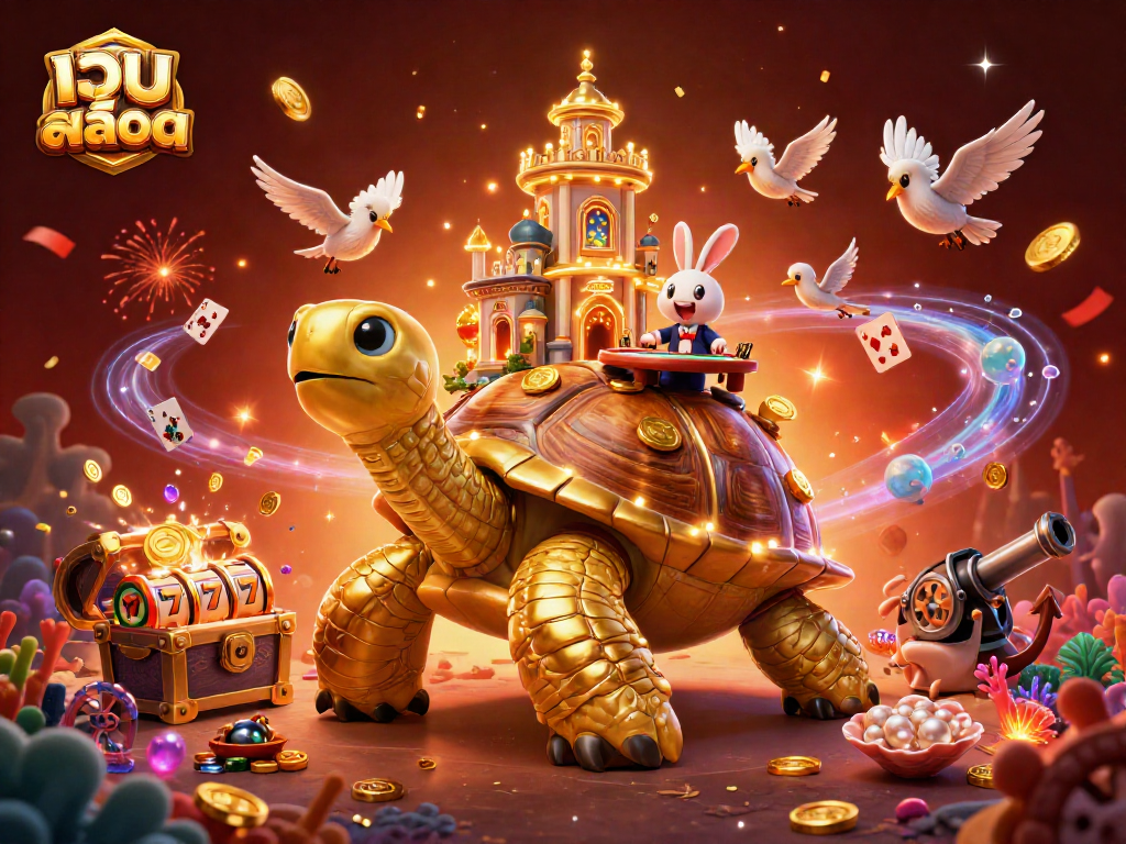 Play dynamic slot games like เว็บสล็อต surrounded by a golden tortoise and festive casino elements.