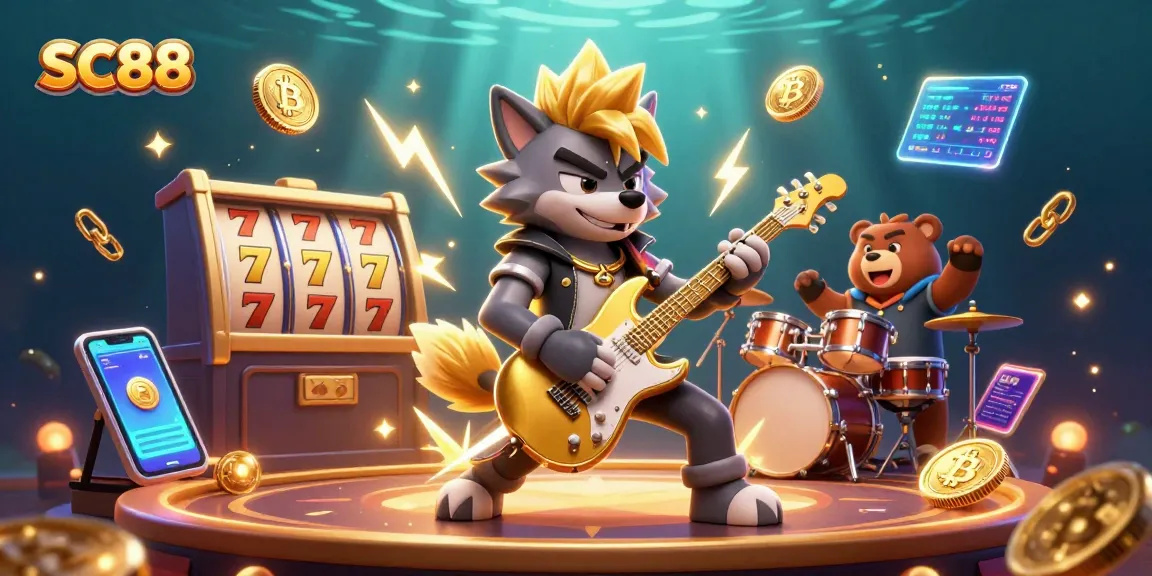 Engage with SC88 through an electrifying casino scene with animated rock star wolf and vibrant gaming elements.