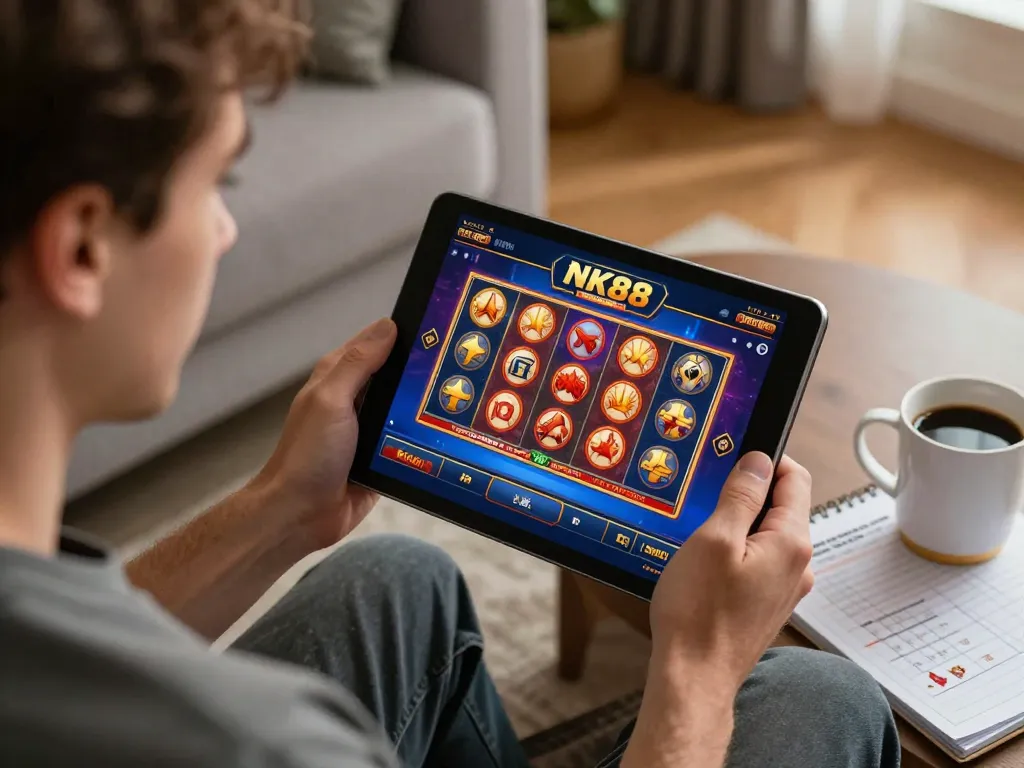 Engaging player using NK88 app for online gambling, cozy home setup with strategic notes.