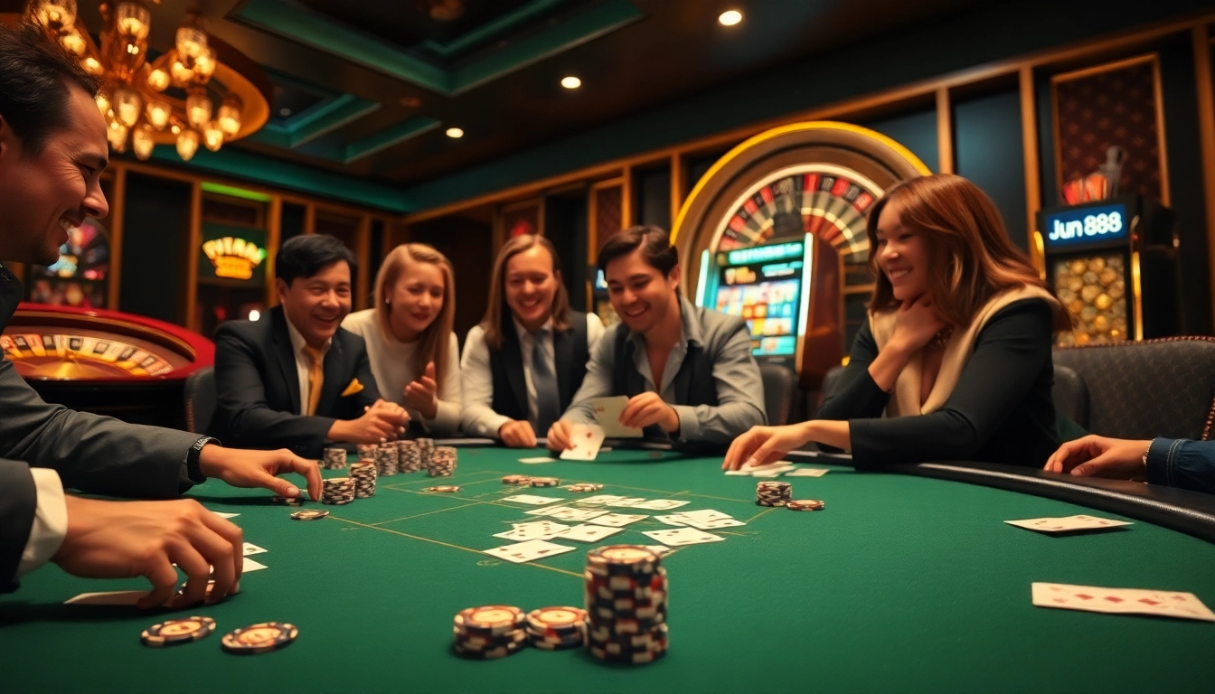 Players enjoying a thrilling game at Jun88's sophisticated casino table.