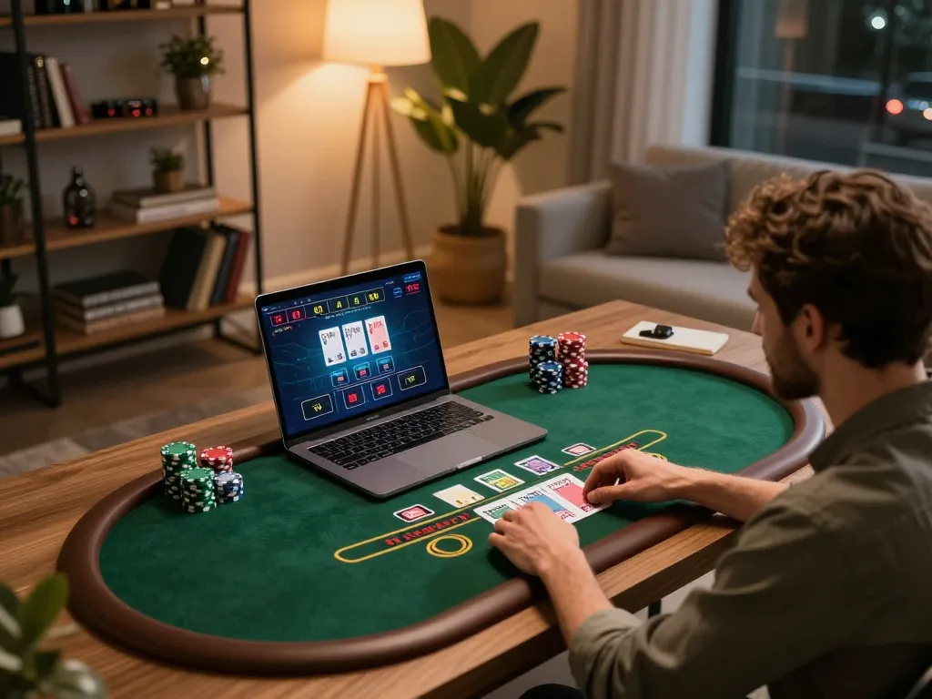 Engaged player enjoying iWin live dealer blackjack at home, showcasing strategic gameplay in a cozy setting