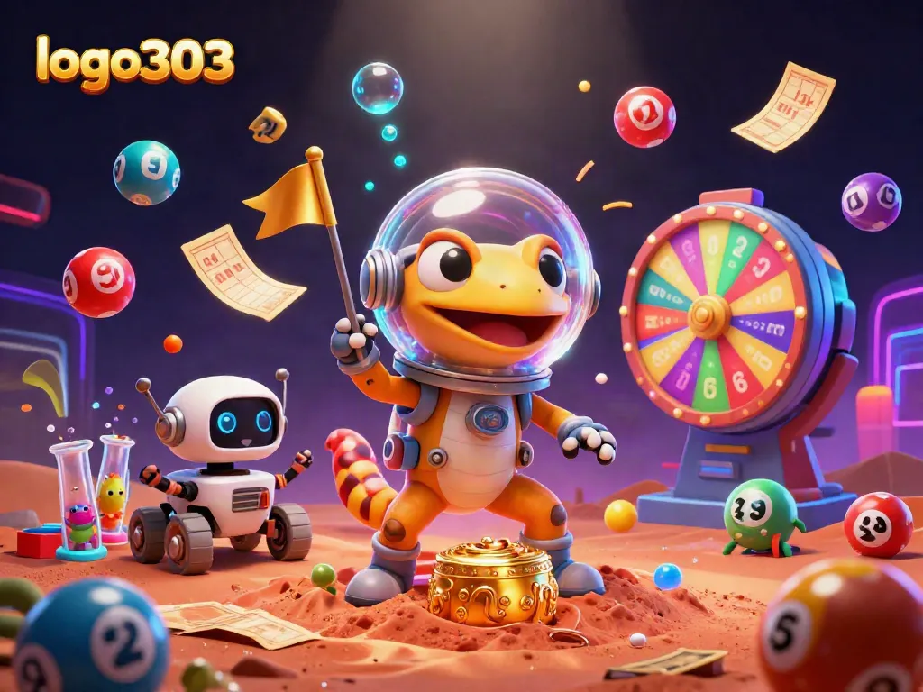 Gambarkan keseruan "link logo303" dengan karakter gaya kartun gecko Mars dalam misi kasino.
