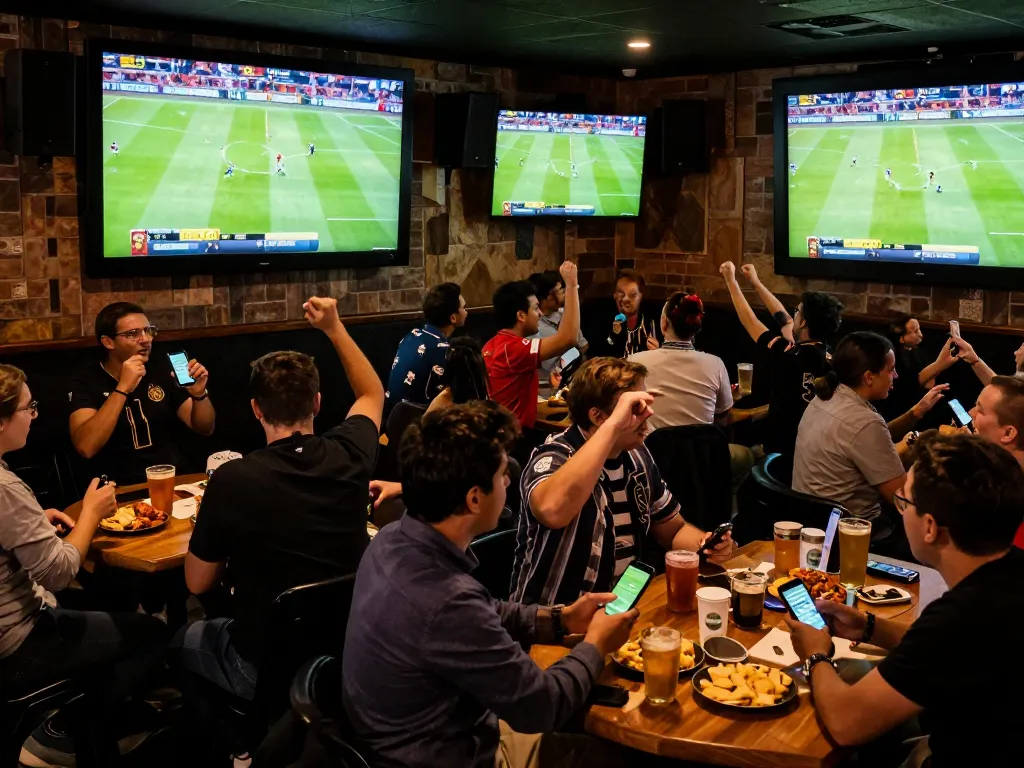 Sports fans engaging with kèo nhà cái during a live football match, betting excitement palpable in the air.
