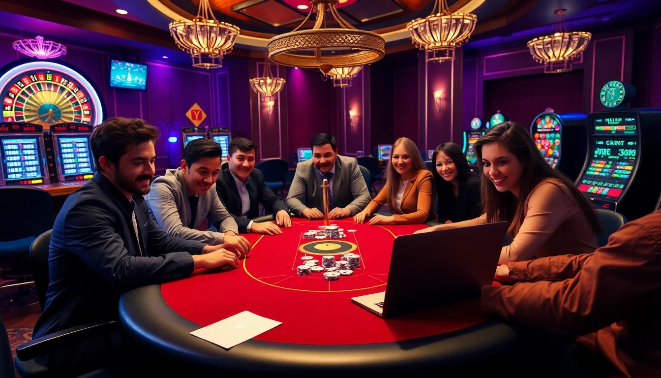 Players at a high-stakes poker game showcasing excitement at https://c168.it.com with vibrant casino elements.