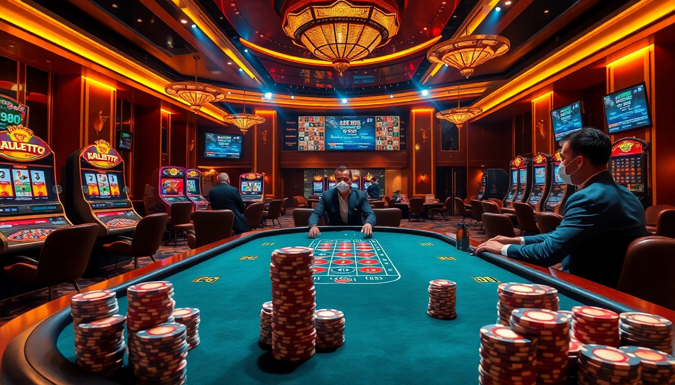 Professional players strategize at the XX88.AI poker table amid vibrant casino excitement.