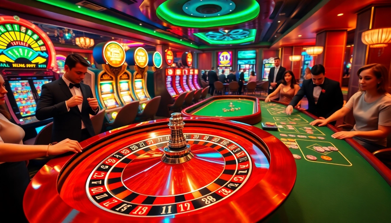 Kubet casino scene with players around a roulette wheel and vibrant slot machines.