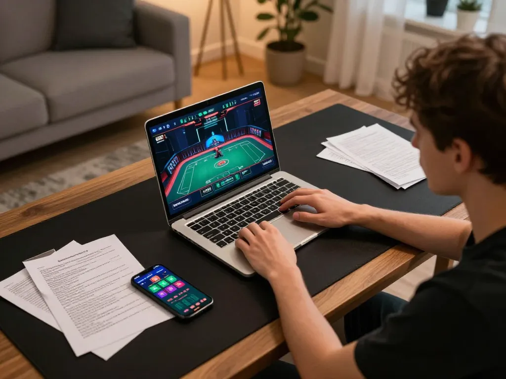 Engaged individual using Nhà cái kk55 online gaming setup while strategizing on poker