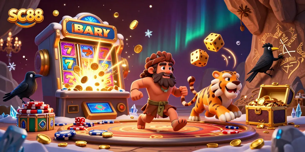 Win jackpots at SC88 in this dynamic 3D casino scene featuring a caveman, sabertooth tiger, and clever crow.