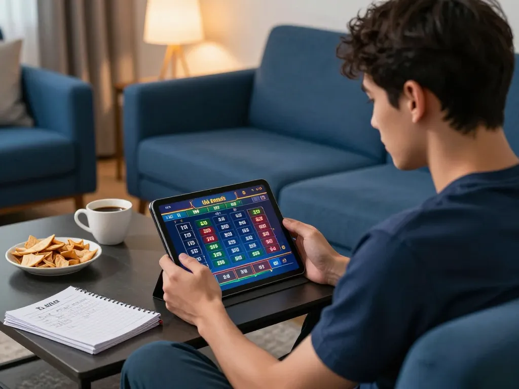 Lô đề online gaming in a cozy home settings, showcasing strategic betting on a tablet.