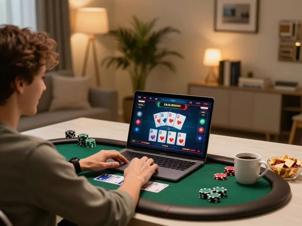 Person enjoying online gameplay at home, showcasing casinos not on gamstop through interactive poker experience.