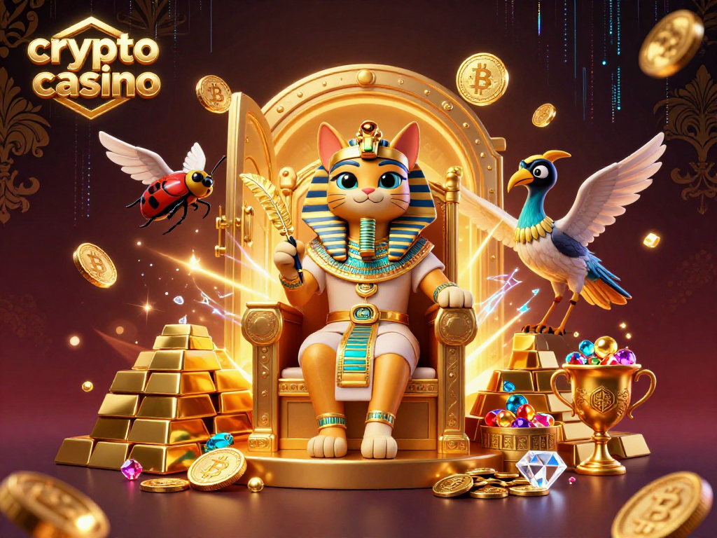 Experience the allure of a crypto casino with vibrant coins, a pharaoh cat, and treasure in this dynamic digital art.