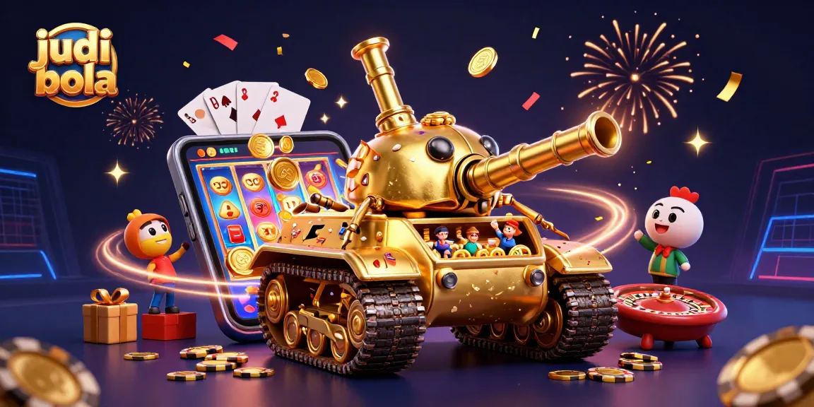 Engage in judi bola with an ultra-detailed 3D scene of a golden beetle tank casino amidst festive elements.