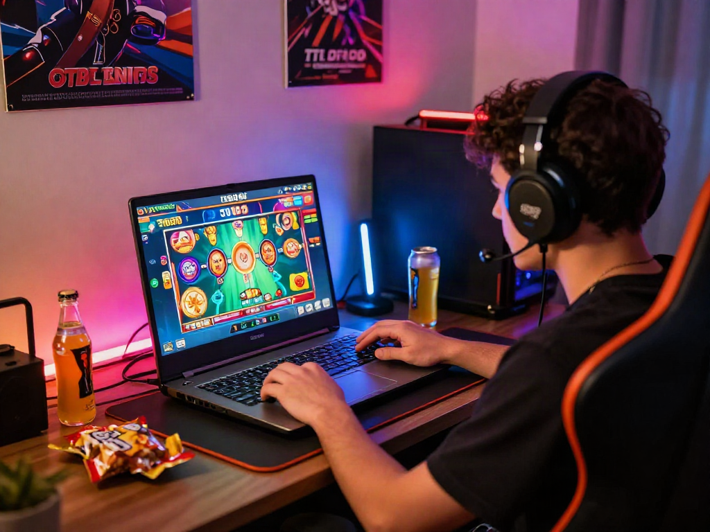 Exciting scene of a player enjoying a thrilling toto slot game on a gaming laptop with vibrant graphics and colorful lighting.