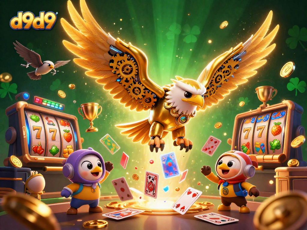 Nag-enjoy ng mga slot games ang mga manlalaro sa d9d9 habang umiikot ang mga reels at nagliliparan ang mga gintong barya.