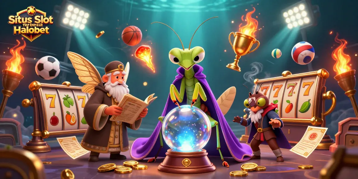 Situs Slot Terbaik Halobet showcases a vibrant 3D illustration of a fortune teller and librarian amidst dynamic gaming elements.