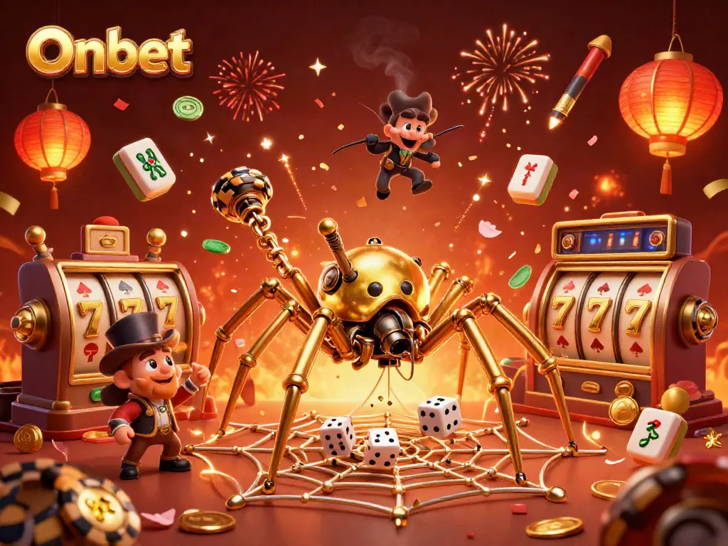 Engage in thrilling slots with Onbet's steampunk spider and Victorian character amidst a dazzling casino scene.