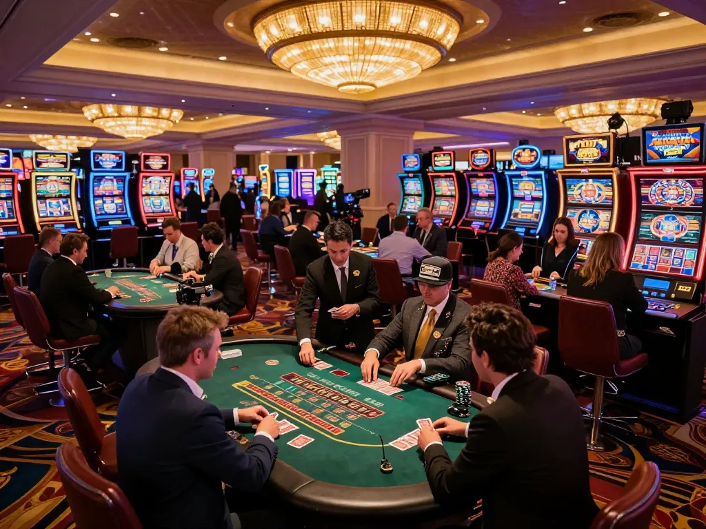 Hitclub players engaged in strategic gameplay at vibrant Las Vegas casino, showcasing excitement and energy.