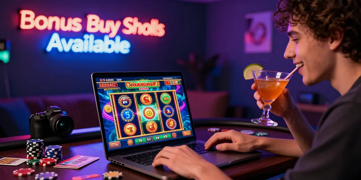 Player exploring bonus buy slots in an engaging home casino setup with vibrant graphics.