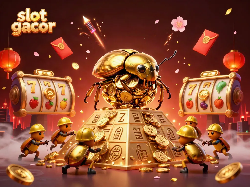 Experience thrilling slot gacor gameplay with a massive golden dung beetle, surrounded by dynamic casino elements.