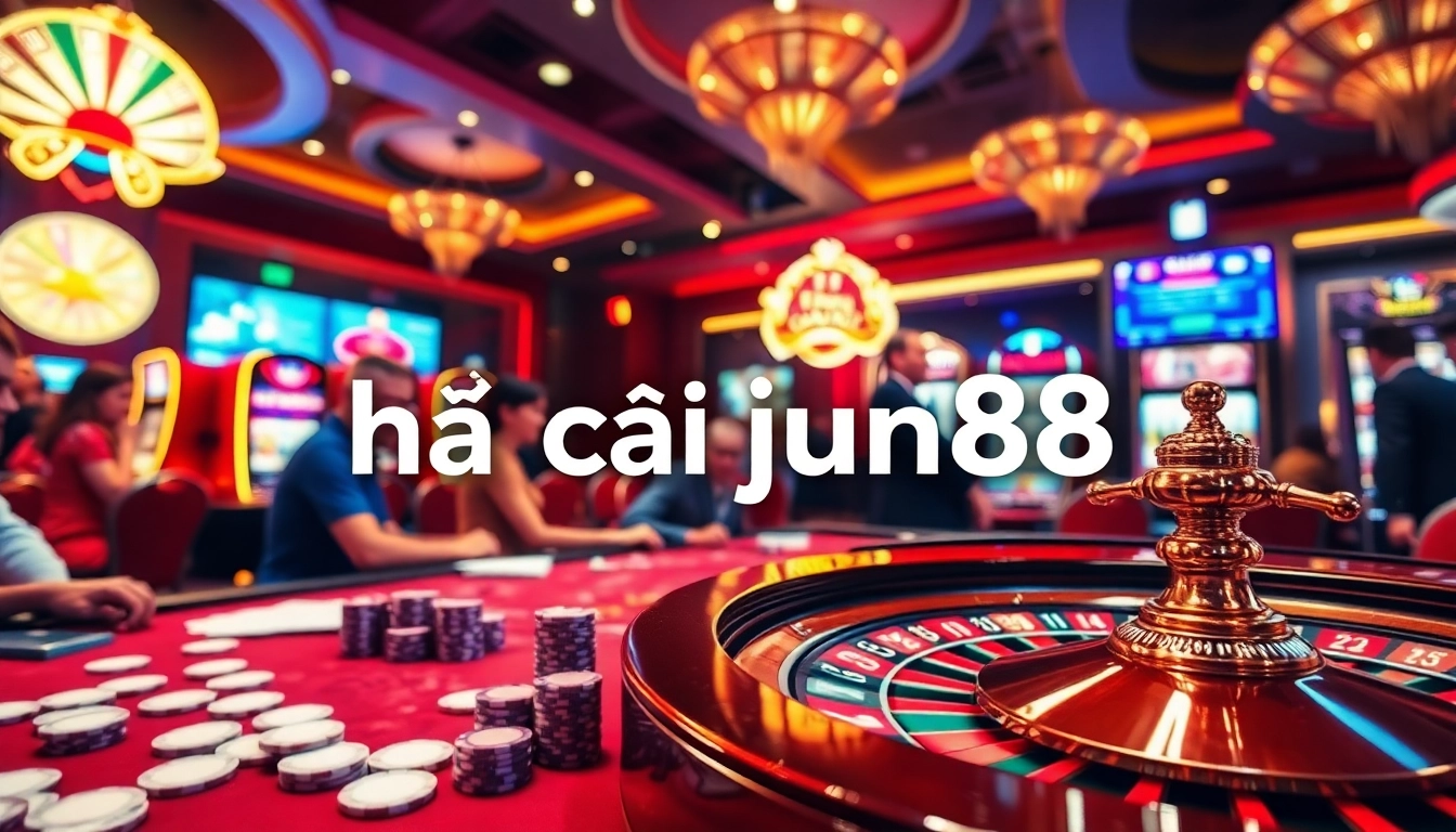 Players enjoying an exciting game at nhà cái jun88 casino tables filled with poker chips.