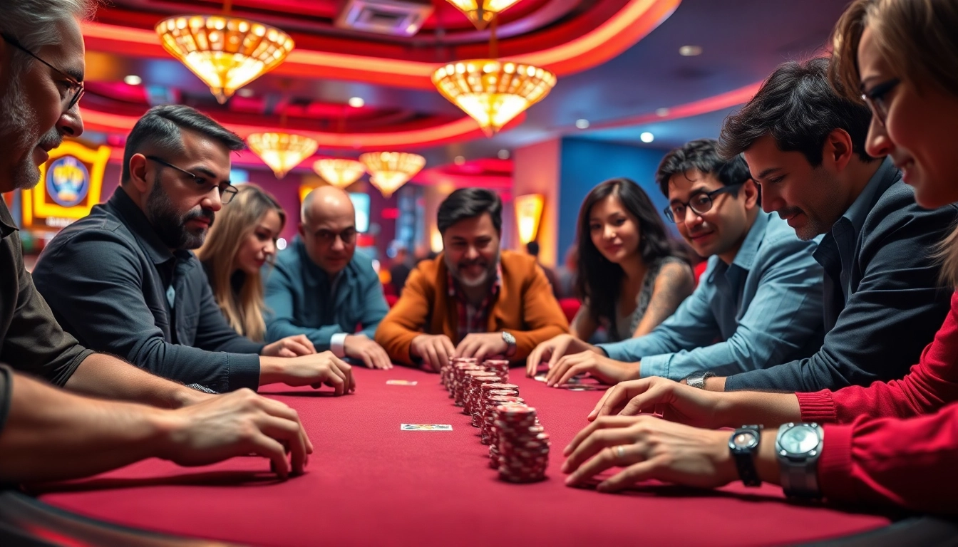 Engage in an exciting poker game with players enjoying a competitive atmosphere at a casino.