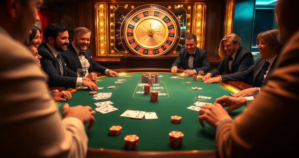 S8 game players enjoying an exciting poker game with colorful chips and cards on a luxurious casino table.