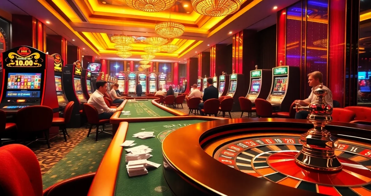 Exciting casino scene showcasing Hi88.com with poker tables, slot machines, and roulette wheels