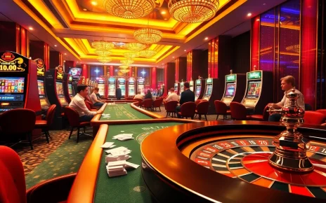 Exciting casino scene showcasing Hi88.com with poker tables, slot machines, and roulette wheels