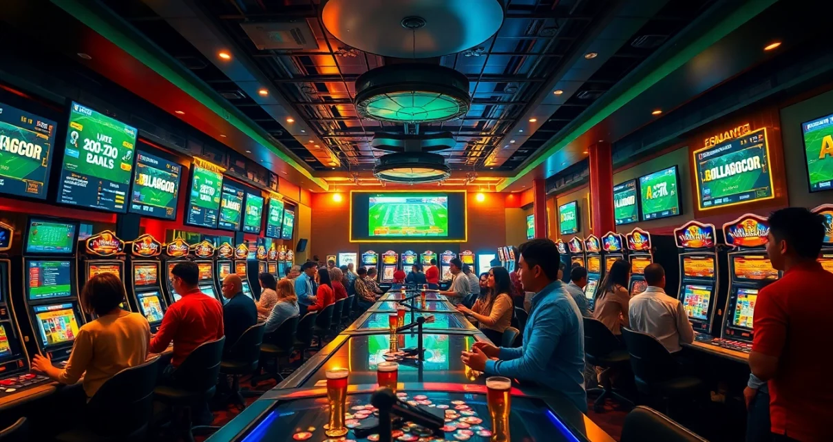 Experience the excitement of bolagacor in a vibrant online casino setting, featuring players at gaming tables.