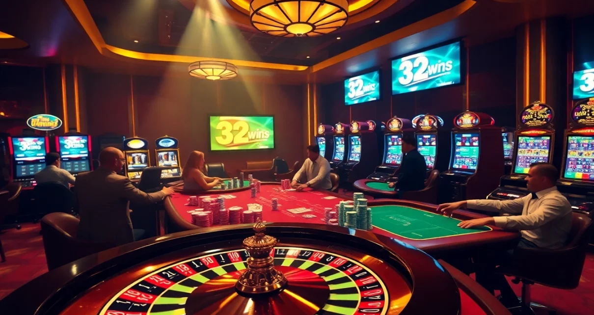 Players enjoying a thrilling game session at 32win3 online casino with vibrant poker chips and roulette.