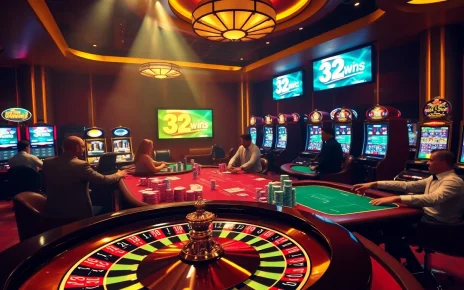 Players enjoying a thrilling game session at 32win3 online casino with vibrant poker chips and roulette.