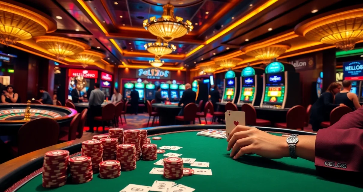 Experience the thrill of Hello88 at a luxurious casino with vibrant poker and slot games.