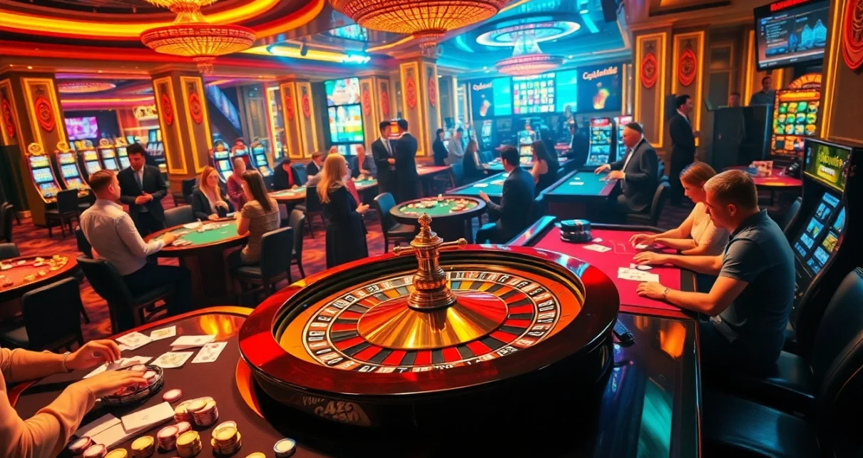 C168 casino scene with roulette wheel, poker tables, and lively players engaging in games.