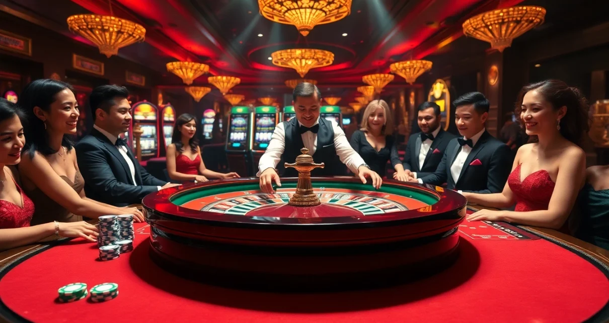 Experience the thrill of 7C77 casino with vibrant roulette action and engaged players.