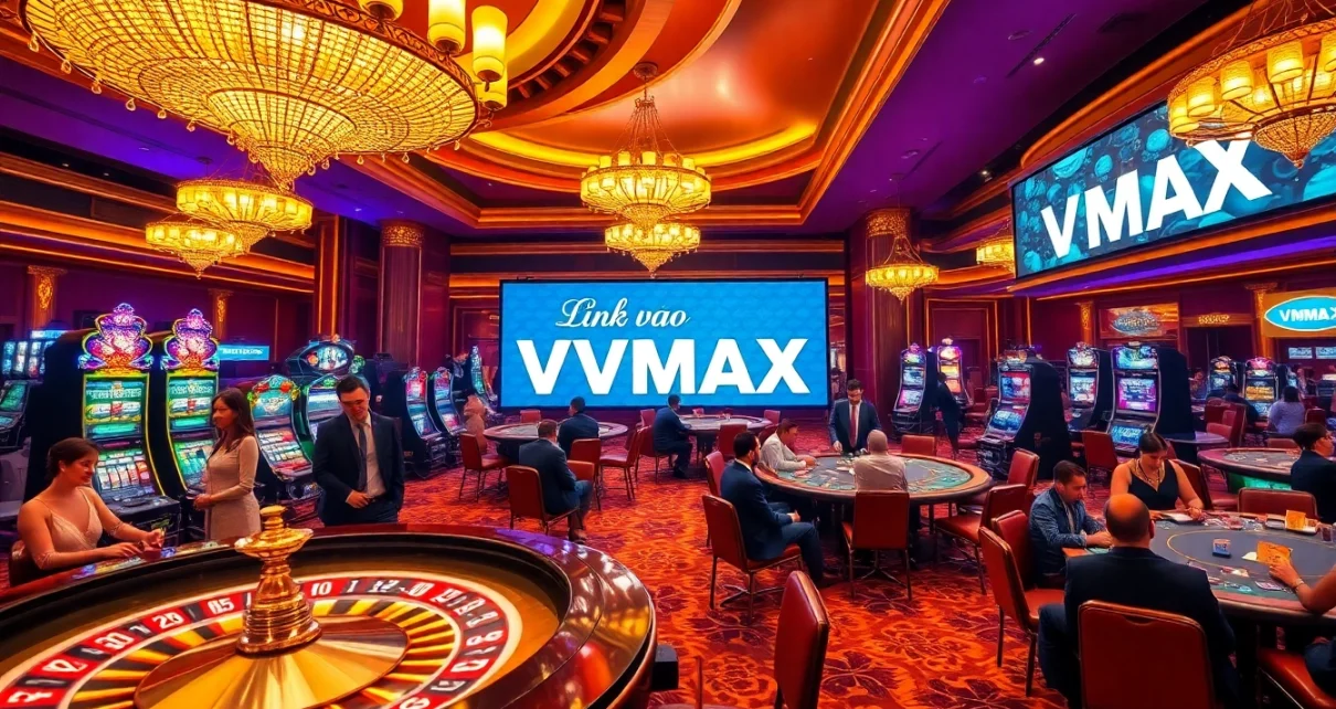 Experience high-stakes action at VMAX, with players enjoying thrilling games and the digital banner linking to site access.